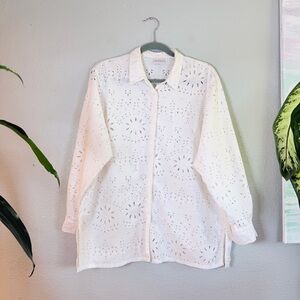 Vintage Koret Eyelet White Bohemian Coastal Preppy Cottagecore Button Down L
